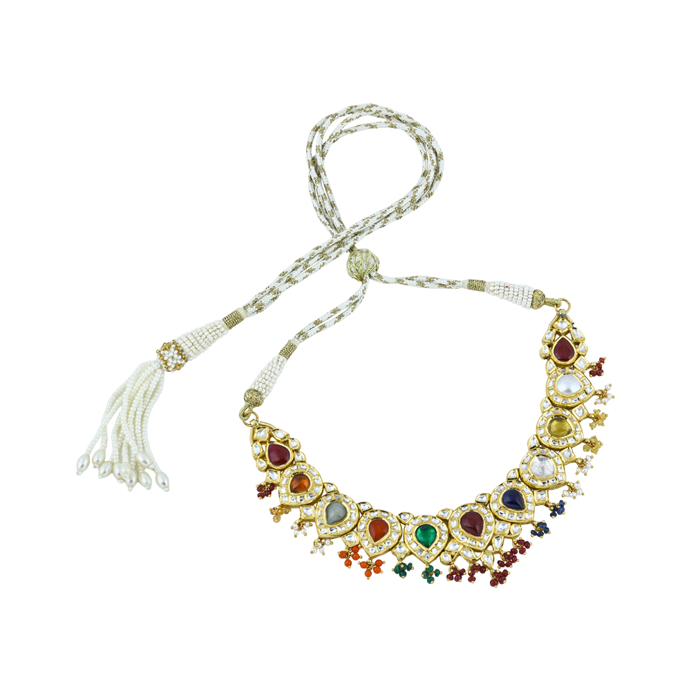 Navratna Necklace with Polki Diamonds, Pearls, and coloured Beads